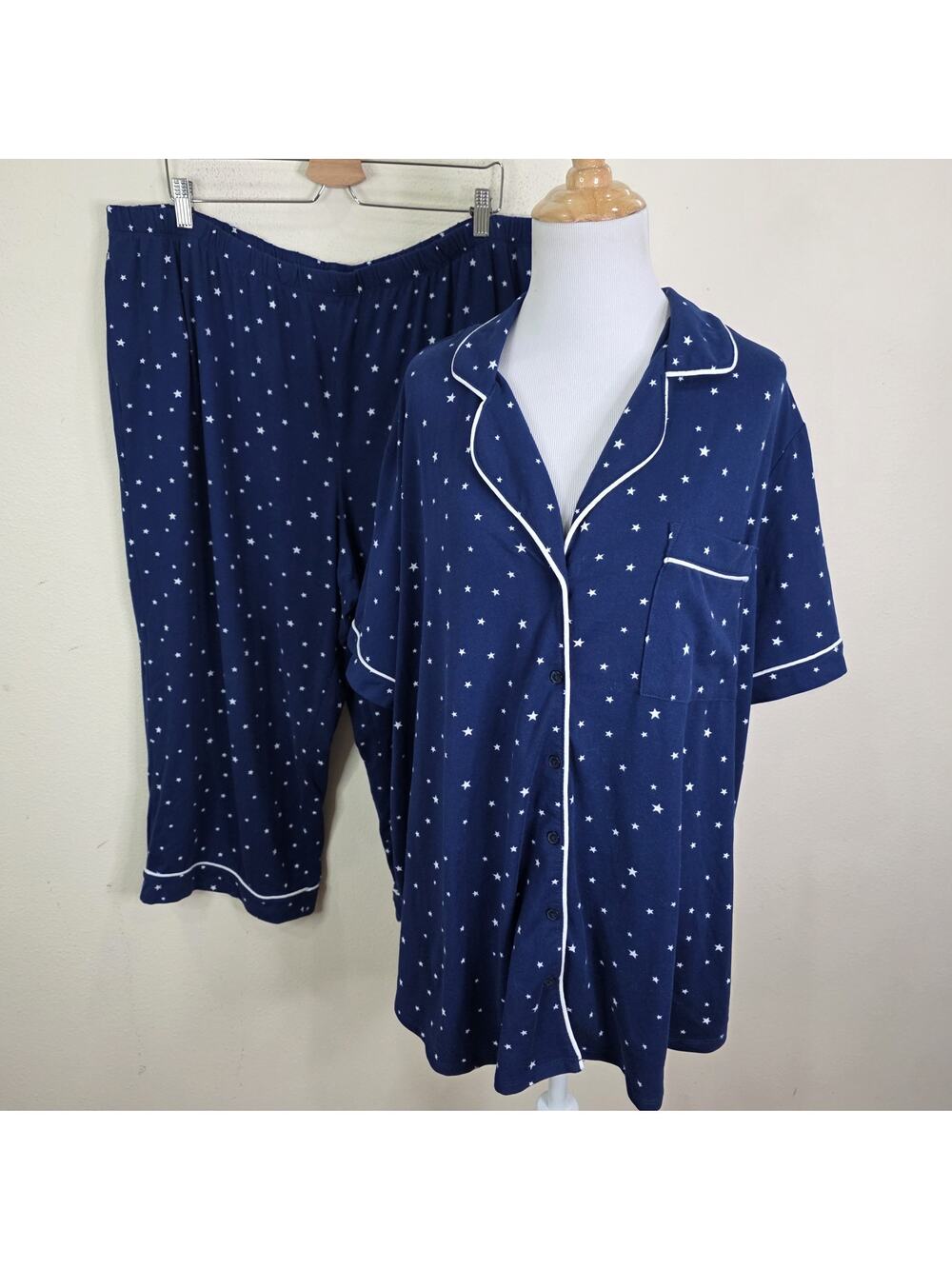 3X 22W-24W Joyspun Pajama Set Short Sleeve Top and Capri Bottom Blue Stars